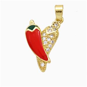 Copper Chili Pendant Pave Zirconia Red Enamel Gold Plated, approx 11-18mm [FD20712]