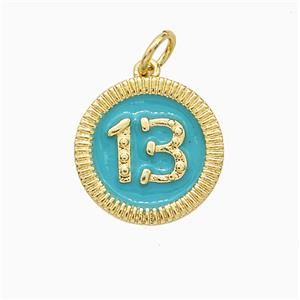 Lucky 13 Charms Copper Pendant Teal Enamel Gold Plated, approx 15mm [FD20717]