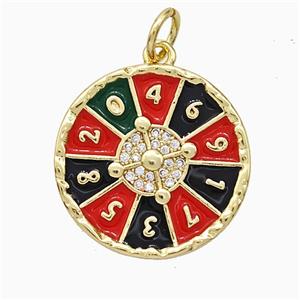 Roulette Charms Copper Pendant Pave Zirconia Black Red Enamel Gold Plated, approx 18mm [FD20718]