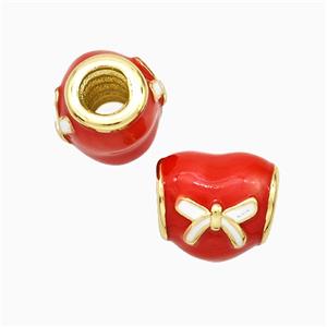 Copper Heart Beads Red Enamel Bowknot Large Hole Gold Plated, approx 10-11mm, 4mm hole [FD20731]