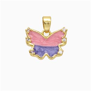 Copper Butterfly Pendant Pave Zirconia Pink Painted Gold Plated, approx 10-14mm [FD20799]