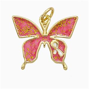 Copper Butterfly Pendant Pink Painted Awareness Ribbons Gold Plated, approx 16-19mm [FD20805]