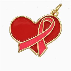 Copper Heart Pendant Red Enamel Awareness Ribbons Gold Plated, approx 16-20mm [FD20810]