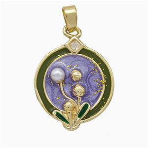 Copper Flower Pendant Pave Pearlized Resin Purple Painted Gold Plated, approx 17-20mm [FD20817]