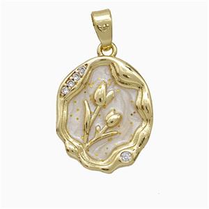 Copper Flower Pendant Pave Zirconia White Painted Gold Plated, approx 14-17mm [FD20818]