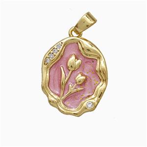 Copper Flower Pendant Pave Zirconia Pink Painted Gold Plated, approx 14-17mm [FD20819]