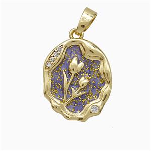 Copper Flower Pendant Pave Zirconia Purple Painted Gold Plated, approx 14-17mm [FD20820]