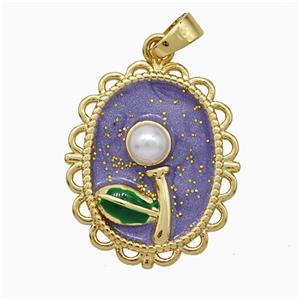Copper Flower Pendant Pave Pearlized Resin Puprle Painted Gold Plated, approx 17-20mm [FD20825]