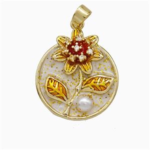Copper Flower Pendant Pave Pearlized Resin White Painted Gold Plated, approx 17mm [FD20827]
