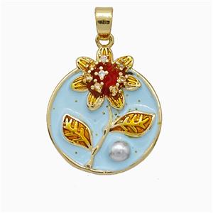 Copper Flower Pendant Pave Pearlized Resin Blue Painted Gold Plated, approx 17mm [FD20828]