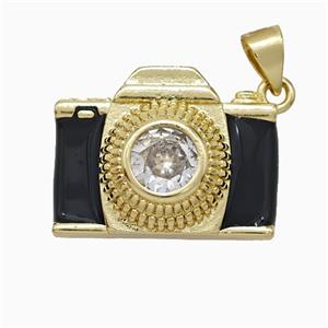 Copper Camera Pendant Pave Zirconia Black Enamel Gold Plated, approx 15-20mm [FD20836]
