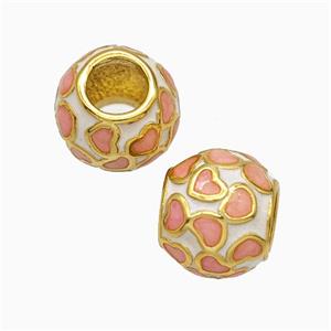 Copper Round Beads Pink Heart Enamel Large Hole Gold Plated, approx 8-9.5mm, 5mm hole [FD20841]