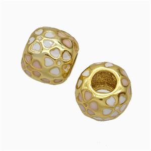 Copper Round Beads White Heart Enamel Large Hole Gold Plated, approx 9.5-11mm, 5mm hole [FD20842]