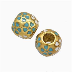 Copper Round Beads Turqblue Heart Enamel Large Hole Gold Plated, approx 9.5-11mm, 5mm hole [FD20843]