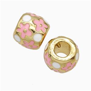 Copper Round Beads Pink Flower Enamel Large Hole Gold Plated, approx 9.5-11mm, 5mm hole [FD20844]