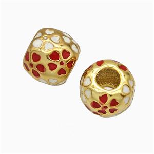 Copper Round Beads Red Flower Enamel Large Hole Gold Plated, approx 9.5-11mm, 5mm hole [FD20845]