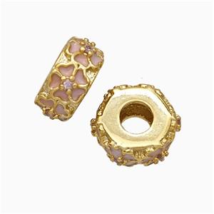 Copper Hexagon Beads Large Hole Enamel Pink Flower Gold Plated, approx 11-12mm, 4mm hole [FD20849]
