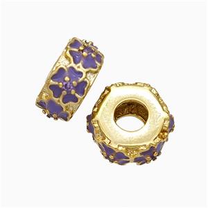 Copper Hexagon Beads Large Hole Enamel Purple Flower Gold Plated, approx 11-12mm, 4mm hole [FD20850]
