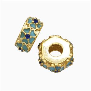 Copper Hexagon Beads Large Hole Enamel Flower Gold Plated, approx 11-12mm, 4mm hole [FD20851]