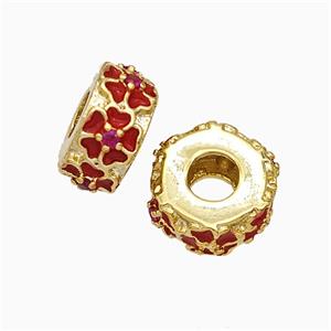 Copper Hexagon Beads Large Hole Red Enamel Flower Gold Plated, approx 11-12mm, 4mm hole [FD20852]