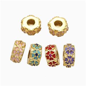 Copper Hexagon Spacer Beads Large Hole Enamel Flower Heishi Gold Plated Mixed, approx 11-12mm, 4mm hole [FD20853]
