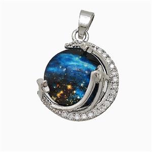 Copper Moon And Earth Pendant Pave Zirconia Resin Platinum Plated, approx 16mm [FD20874]