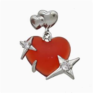 Red Resin Heart Pendant Copper Star Pave Zirconia Platinum Plated, approx 20mm, 10-12mm [FD20887]