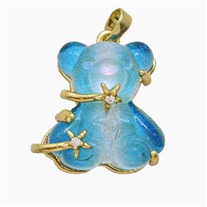 Aqua Resin Bear Pendant Copper Star Pave Zirconia Gold Plated, approx 20mm [FD20900]