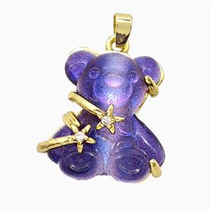 Purple Resin Bear Pendant Copper Star Pave Zirconia Gold Plated, approx 20mm [FD20902]