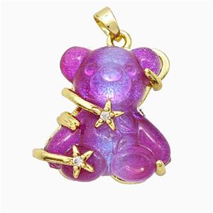 Hotpink Resin Bear Pendant Copper Star Pave Zirconia Gold Plated, approx 20mm [FD20903]