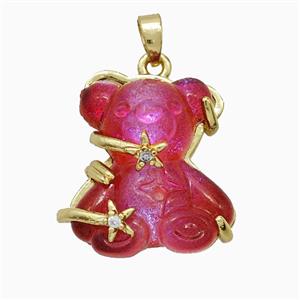 Red Resin Bear Pendant Copper Star Pave Zirconia Gold Plated, approx 20mm [FD20904]
