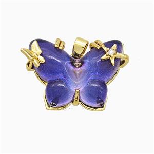 Purple Resin Butterfly Pendant Copper Star Pave Zirconia Gold Plated, approx 20-26mm [FD20909]