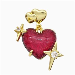 Red Resin Heart Pendant Copper Star Pave Zirconia Gold Plated, approx 20mm, 10-12mm [FD20917]