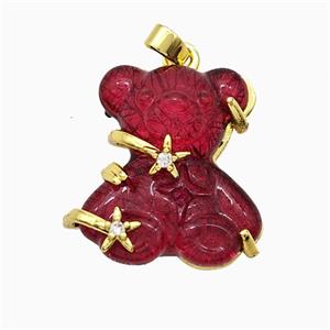 Red Resin Bear Pendant Copper Star Pave Zirconia Gold Plated, approx 20mm [FD20923]