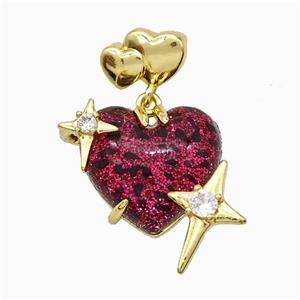 Red Resin Heart Pendant Copper Star Pave Zirconia Gold Plated, approx 20mm, 10-12mm [FD20936]