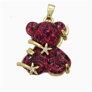 Red Resin Bear Pendant Copper Star Pave Zirconia Gold Plated, approx 20mm [FD20943]
