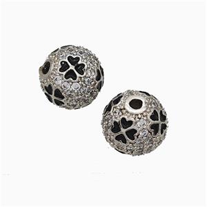 Copper Round Beads Pave Zirconia Black Enamel Clover Platinum Plated, approx 9.5mm [FD21006]
