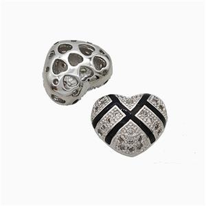 Copper Heart Beads Pave Zirconia Black Enamel Platinum Plated, approx 10-12mm [FD21008]
