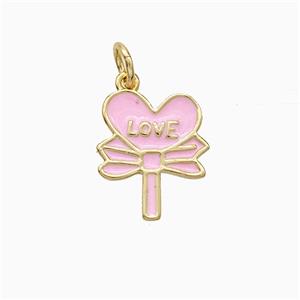 Copper Flower Pendant Love Heart Pink Enamel Gold Plated, approx 11-14mm [FD21051]