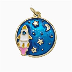 Rocket And Star Moon Charms Copper Pendant Blue Painted Gold Plated, approx 16.5mm [FD21068]