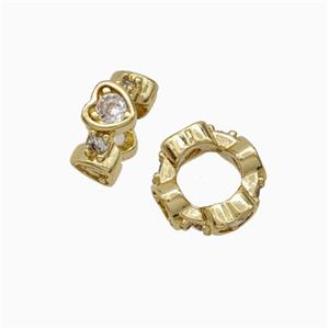 Copper Rondelle Beads Pave Zirconia Large Hole Heart Gold Plated, approx 8mm [FD21099]