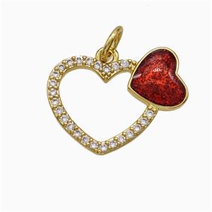 Copper Heart Pendant Pave Zirconia Red Painted Gold Plated, approx 12-17mm [FD21124]