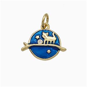 Halloween Cat And Broom Charms Copper Pendant Blue Enamel Gold Plated, approx 10.5mm [FD21131]
