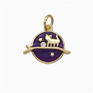 Halloween Cat And Broom Charms Copper Pendant Purple Enamel Gold Plated, approx 10.5mm [FD21132]