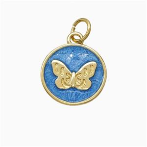 Copper Butterfly Pendant Blue Painted Circle Gold Plated, approx 12.5mm [FD21142]