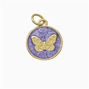 Copper Butterfly Pendant Purple Painted Circle Gold Plated, approx 12.5mm [FD21143]