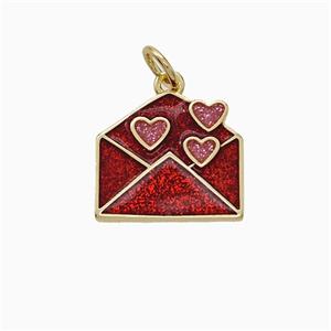 Copper Envelope Pendant Red Painted Heart Gold Plated, approx 13-14mm [FD21155]