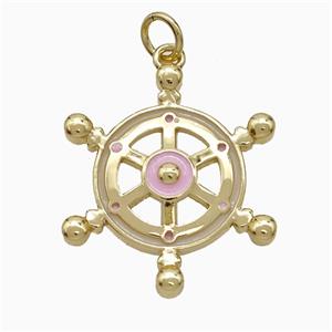 Ship Wheel Charms Copper Pendant Pink Enamel Gold Plated, approx 20-22mm [FD21159]