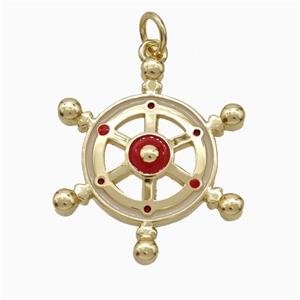 Ship Wheel Charms Copper Pendant Red Enamel Gold Plated, approx 20-22mm [FD21161]