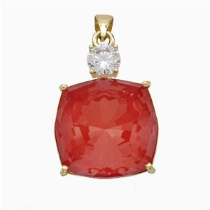 Red Crystal Glass Square Pendant Copper Gold Plated, approx 19-25mm [FD21199]